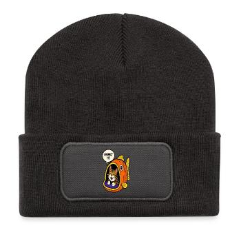 Katze im Maul eines Fisches – Einzigartiges Design - Recycelte Patch Beanie - Dunkelgrau - Vorne