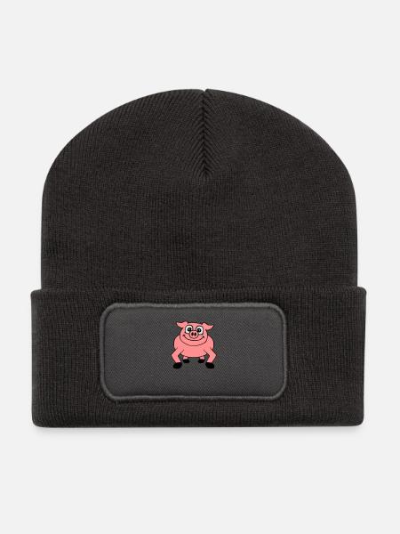 Cute cartoon comic pig peeps friendly - Recycled Patch Beanie - dark grey