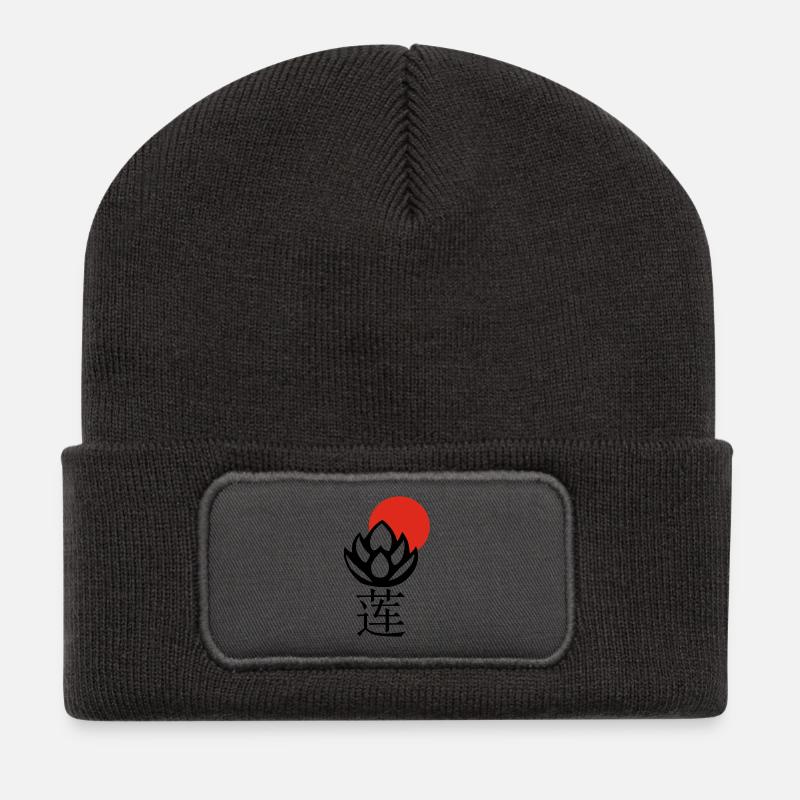 Schwarzer Lotus und Rote Sonne - Recycelte Patch Beanie - Dunkelgrau