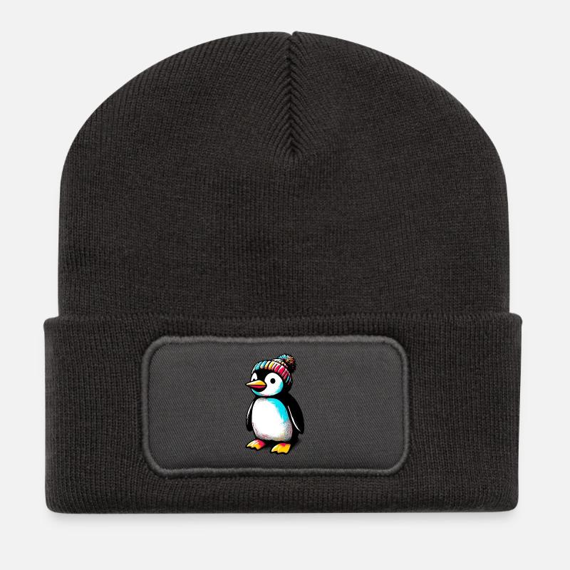 Pinguin mit winterlicher Wollmütze - Recycelte Patch Beanie - Dunkelgrau
