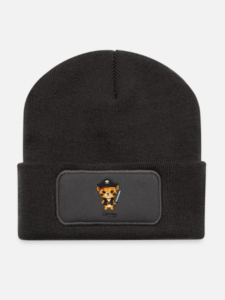 Piratenkätzchen mit Säbel - Recycelte Patch Beanie - Dunkelgrau