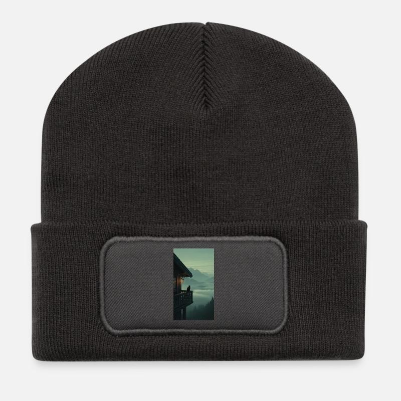 Schwarze Katze am Bergbalkon – Asian Zen Design - Recycelte Patch Beanie - Dunkelgrau