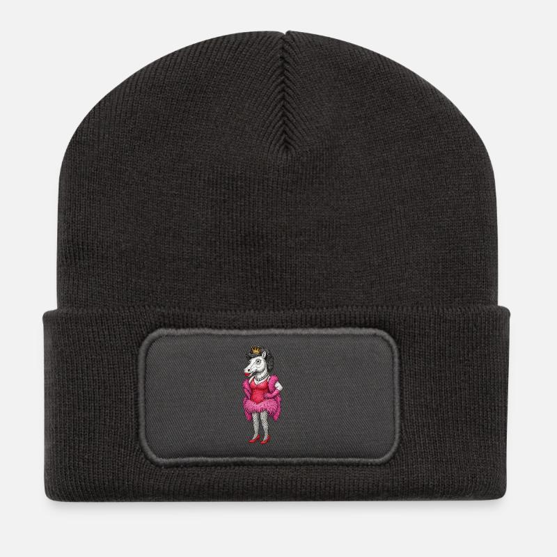 Königliche Stute-Diva in rosa Federn - Recycelte Patch Beanie - Dunkelgrau
