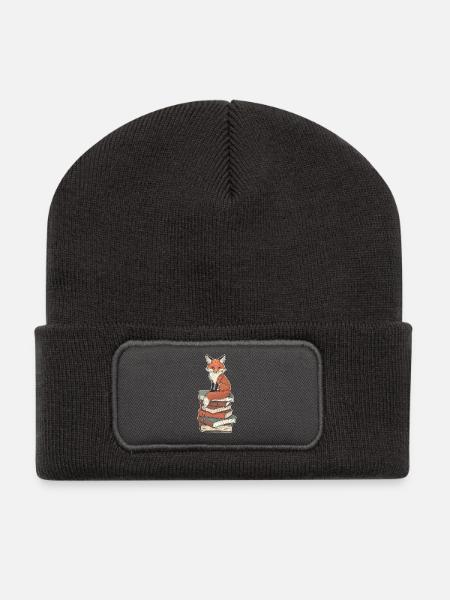 Fuchs auf Bücherstapel - Recycelte Patch Beanie - Dunkelgrau