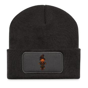 Pixel Halloween Kürbismann - Recycelte Patch Beanie - Dunkelgrau - Vorne