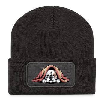 Kuschelige Bulldogge unter der Decke - Recycelte Patch Beanie - Dunkelgrau - Vorne