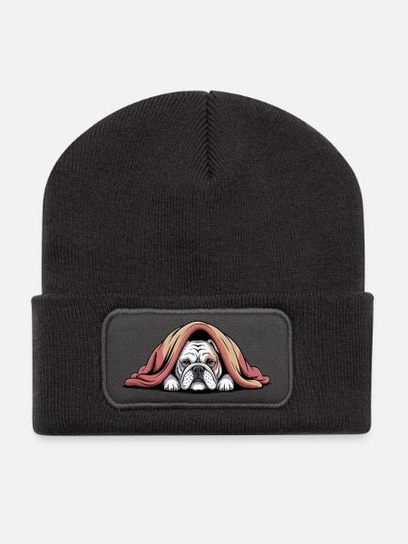 Cozy Bulldog Under Blanket - Recycled Patch Beanie - dark grey