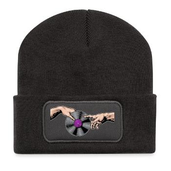 Mains touchant l’art d’un disque vinyle - Beanie recyclé à patch - charbon - Devant