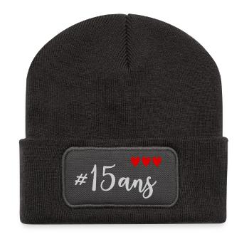 15 ANS. ANNIVERSAIRE. HAPPY BIRTHDAY. JOYEUX ANNIV - Beanie recyclé à patch - charbon - Devant