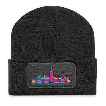Silhouette de la ville de Stockholm Gamla Stan Art moderne - Beanie recyclé à patch - charbon - Devant