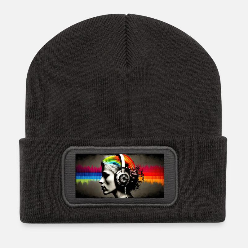 Rainbow Pulse Kopfhörer-Porträt - Recycelte Patch Beanie - Dunkelgrau