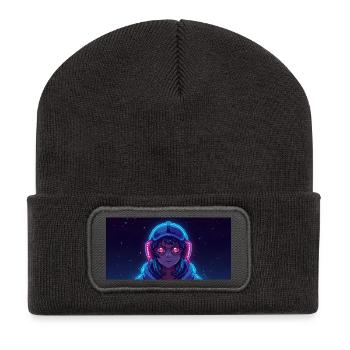 Neon Gamerin mit Kopfhörern - Recycelte Patch Beanie - Dunkelgrau - Vorne