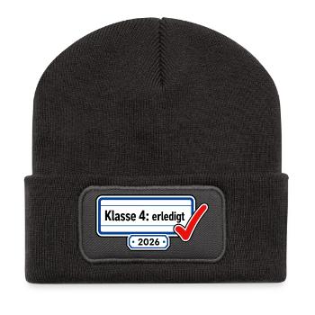 Klasse 4 erledigt 2026 Grundschule Abschluss Check - Recycelte Patch Beanie - Dunkelgrau - Vorne