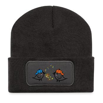 Frühling, Spatzen - Recycelte Patch Beanie - Dunkelgrau - Vorne