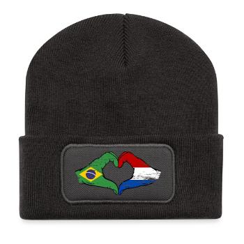Brésil Hollande drapeau main coeur utilisé - Beanie recyclé à patch - charbon - Devant