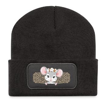 Mignon jeter un coup d’œil petite dame souris avec couronne - Beanie recyclé à patch - charbon - Devant