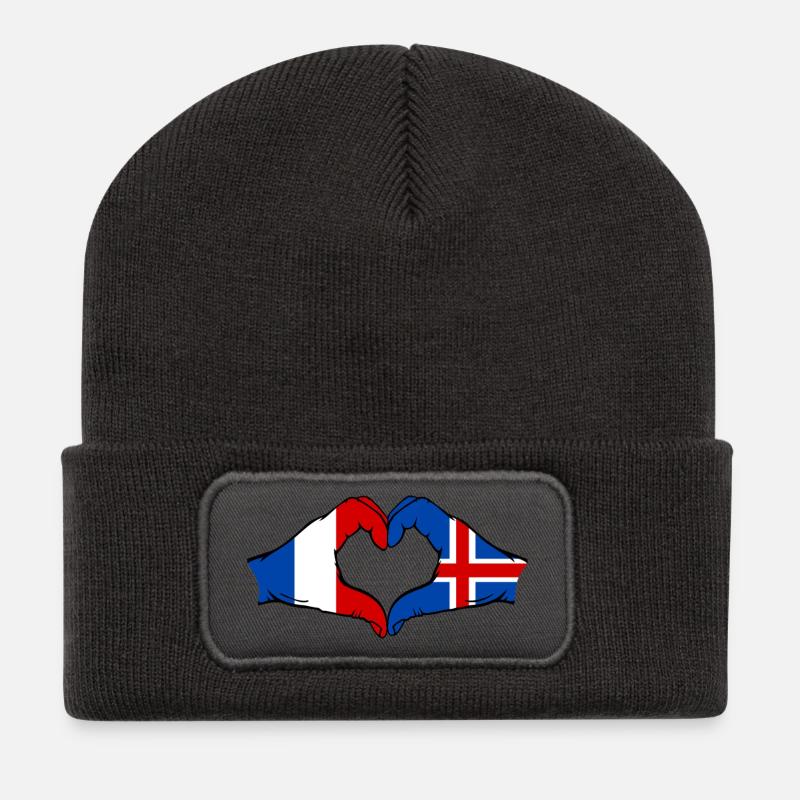 Frankreich Island Flagge Hände Herzform - Recycelte Patch Beanie - Dunkelgrau