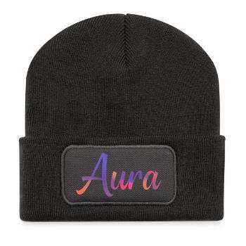 Aura – Modernes, farbenfrohes typografisches Design - Recycelte Patch Beanie - Dunkelgrau - Vorne