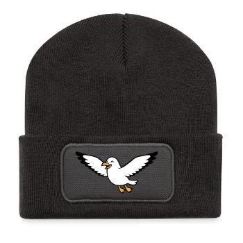 Fröhliche Cartoon-Möve im Flug - Recycelte Patch Beanie - Dunkelgrau - Vorne
