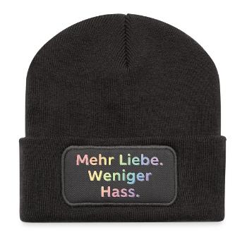 Mehr Liebe Weniger Hass Regenbogen Schriftzug - Recycelte Patch Beanie - Dunkelgrau - Vorne