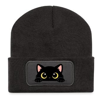 Chat Noir Curieux – Yeux Jaunes Adorables - Beanie recyclé à patch - charbon - Devant