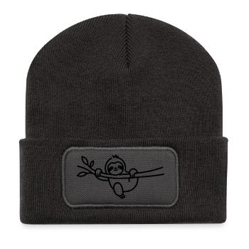 Entspanntes Faultier am Ast Tiermotiv - Recycelte Patch Beanie - Dunkelgrau - Vorne