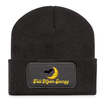 Vollmond-Energie-Mond und Fledermaus - Recycelte Patch Beanie - Dunkelgrau - Vorne