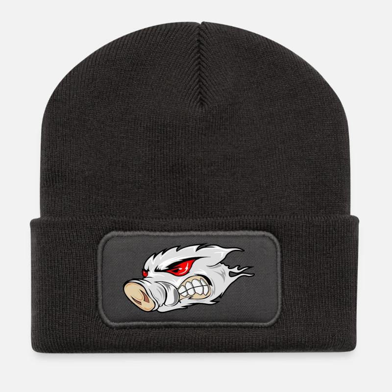 Feuriges Wildschweinkopf-Emblem - Recycelte Patch Beanie - Dunkelgrau