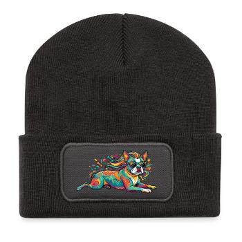 Bunter Hund Pop Art Muster und cooler Sonnenbrille - Recycelte Patch Beanie - Dunkelgrau - Vorne