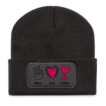 Frieden Liebe Wein - Frieden Liebe Wein - Wein Humor - Recycelte Patch Beanie - Dunkelgrau - Vorne