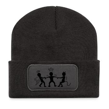 Hin- und hergerissen: Engelchen und Teufelchen - Recycelte Patch Beanie - Dunkelgrau - Vorne