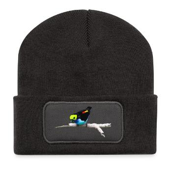 Bunter Papagei auf künstlerischem Ast - Recycelte Patch Beanie - Dunkelgrau - Vorne