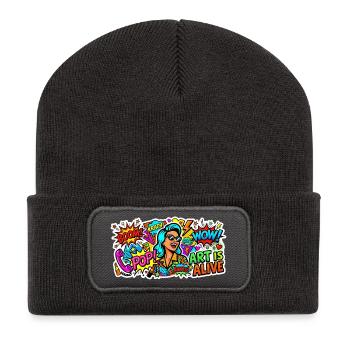 Pop-Art Explosion – Retro Comic Collage - Recycelte Patch Beanie - Dunkelgrau - Vorne