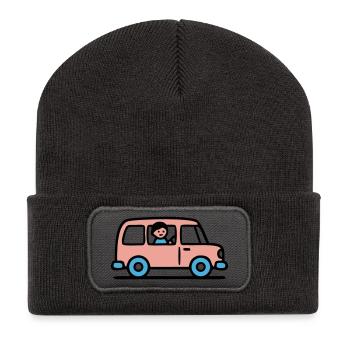 Pinker Schulbus Grafik - Recycelte Patch Beanie - Dunkelgrau - Vorne