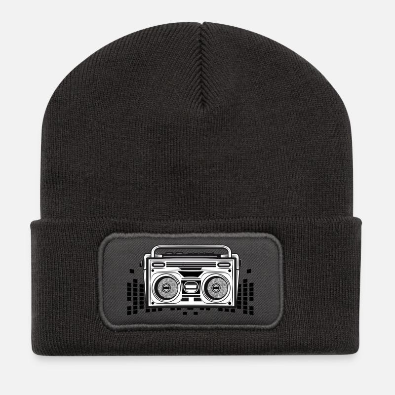 Kassetten Recorder im 80er Stencil Look - Recycelte Patch Beanie - Dunkelgrau