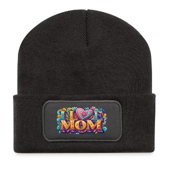 I Love Mom: Bunter Retro-Schriftzug - Recycelte Patch Beanie - Dunkelgrau - Vorne