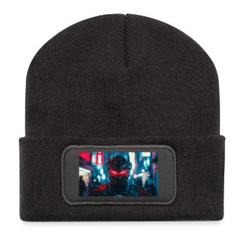 Futuristisches schwarz-rotes Kriegergesicht - Recycelte Patch Beanie - Dunkelgrau - Vorne