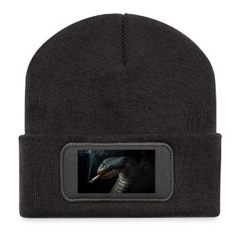  Cobra Schlange mit Zigarette - Recycelte Patch Beanie - Dunkelgrau - Vorne