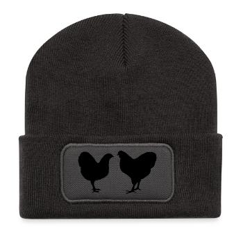 Hühner Fans -  Hahn - Gockel - Küken - Wyandotten - Recycelte Patch Beanie - Dunkelgrau - Vorne