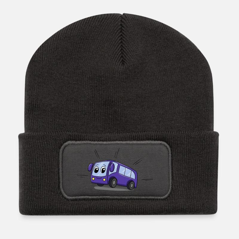 Lila Bus Cartoon Fröhlicher Minibus - Recycelte Patch Beanie - Dunkelgrau