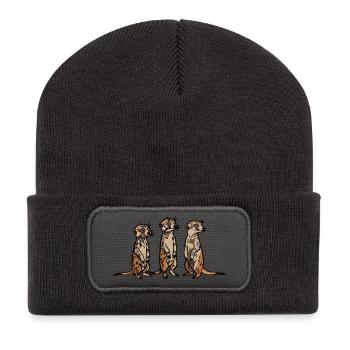 Niedliches, handgezeichnetes Erdmännchen-Trio-Design - Recycelte Patch Beanie - Dunkelgrau - Vorne
