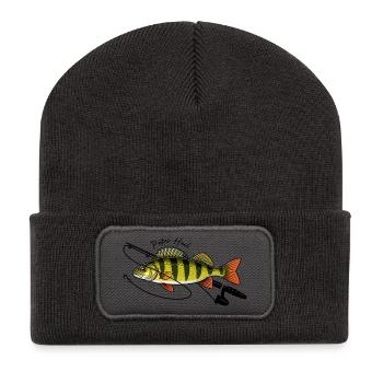 Angeln mit Rute Barsch Fisch Petri Heil - Recycelte Patch Beanie - Dunkelgrau - Vorne