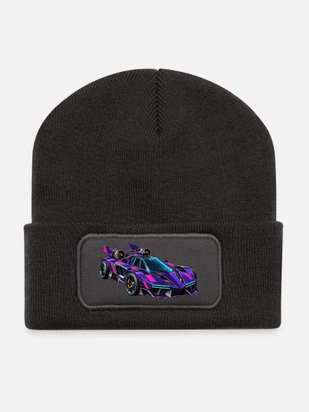 Lila Neon-Supersportwagen - Recycelte Patch Beanie - Dunkelgrau