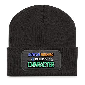 Button-Mashing baut einen Charakter auf - Recycelte Patch Beanie - Dunkelgrau - Vorne