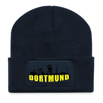 Dortmund Skyline in Schwarz Gelb 2 - Recycelte Patch Beanie - French Navy - Vorne