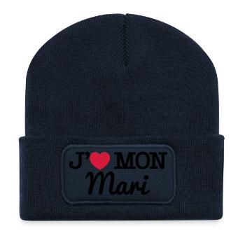 J'aime mon mari - Beanie recyclé à patch - bleu marine - Devant