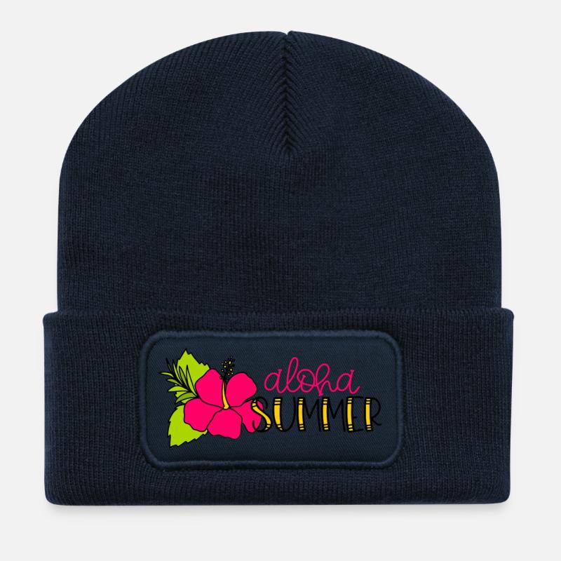 Hibiscus Aloha Design Helle Farben - Recycelte Patch Beanie - French Navy