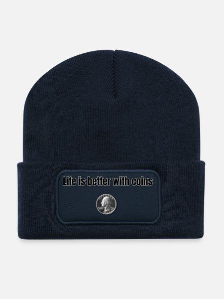 Life is better with Coins - Schwarz - Recycelte Patch Beanie - French Navy