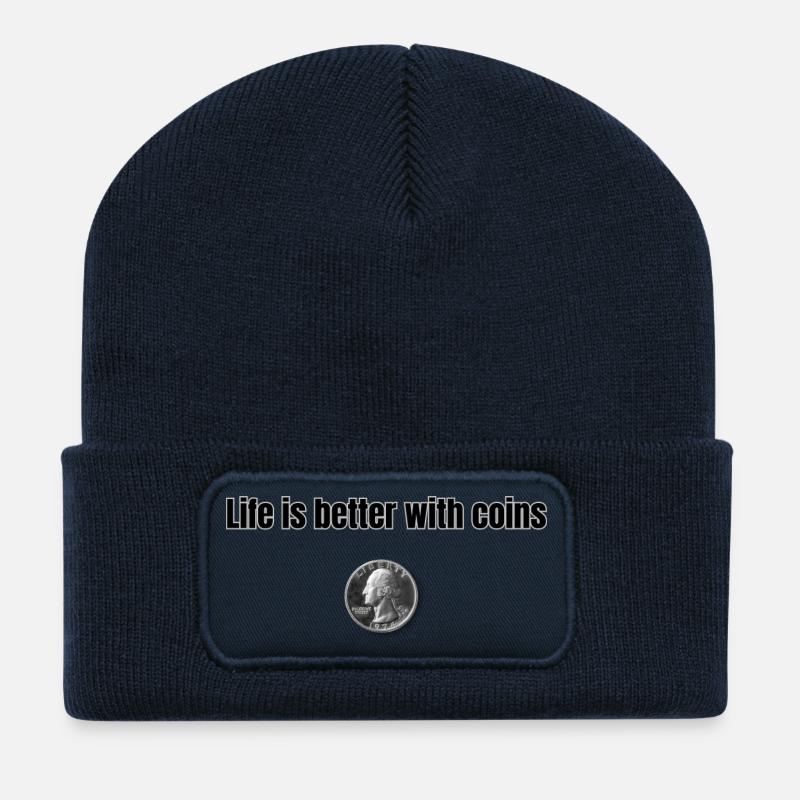 Life is better with Coins - Schwarz - Recycelte Patch Beanie - French Navy