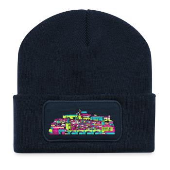 Prager Stadtsilhouette Karlsbrücke Moderne Kunst - Recycelte Patch Beanie - French Navy - Vorne